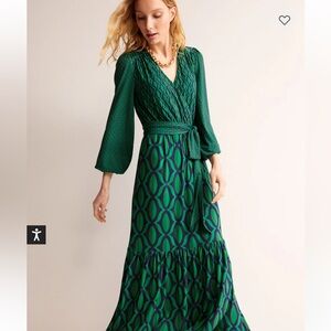 Boden Jersey Maxi Mock Wrap Long Sleeve Maxi Dress ‘Geo Valley’ Veridian Green